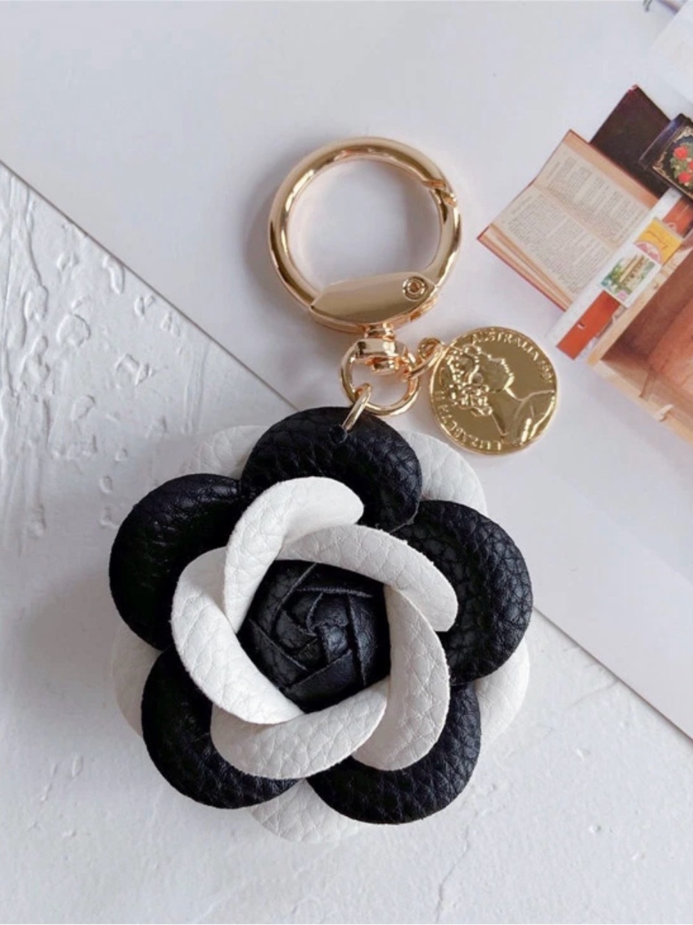 Black/White Camellia Flower Bag Charm - Faux Leather - Boutique